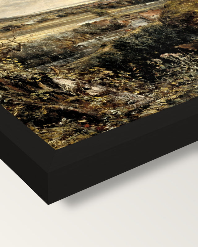 The Vale of Dedham by John Constable framed print, corner close-up: black moulding, mitred, the print set just below its edge