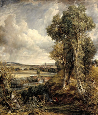 The Vale of Dedham by Constable: a valley seen from a wooded hill, a river winding to a distant church, big clouds