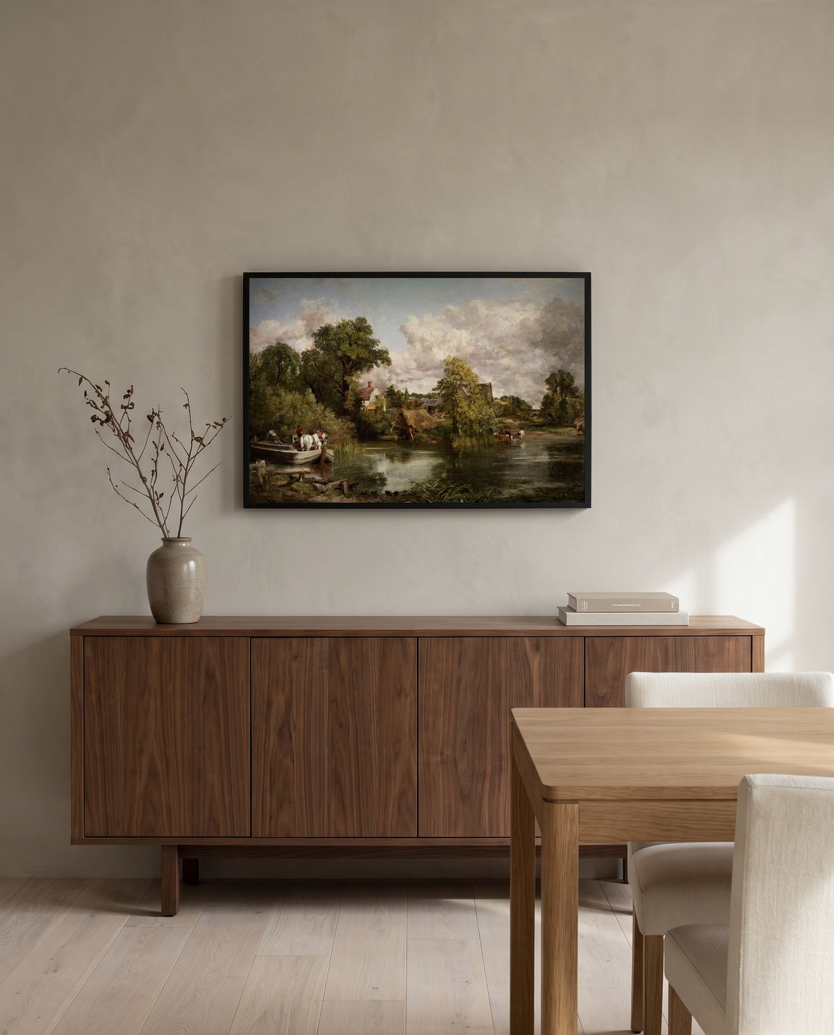 The White Horse by John Constable in a black frame above a walnut sideboard in a dining room