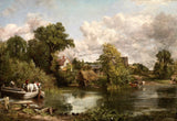 The White Horse by Constable: a white horse standing on a barge on a calm river, trees and a farmhouse behind