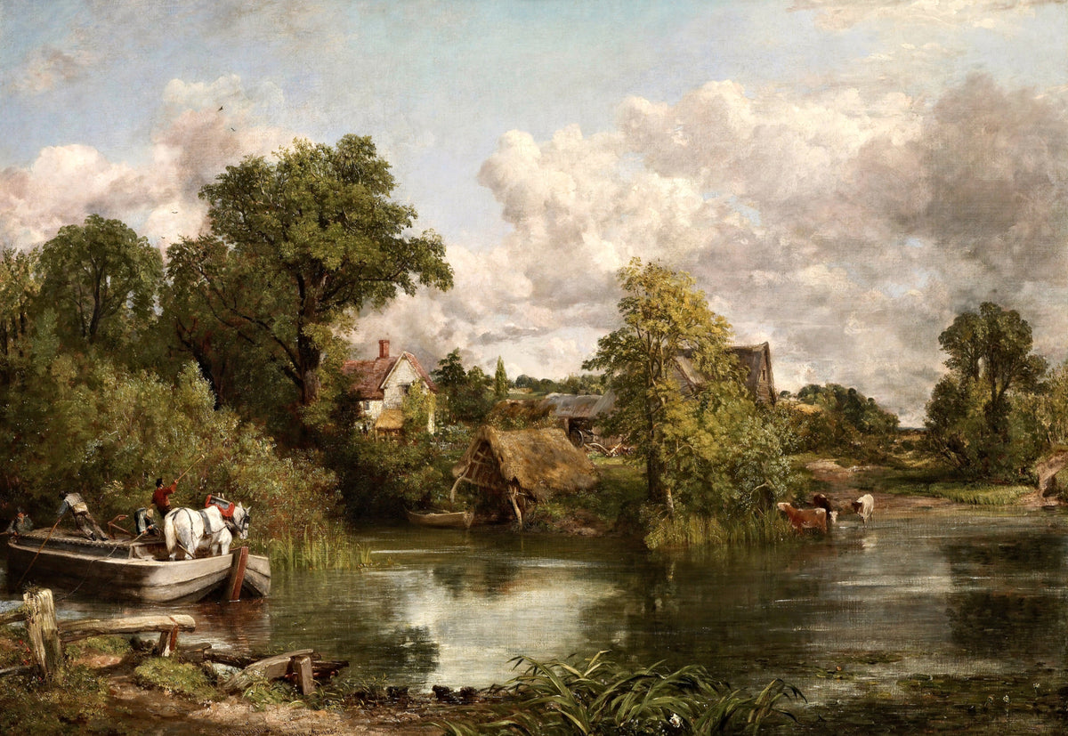 The White Horse by Constable: a white horse standing on a barge on a calm river, trees and a farmhouse behind