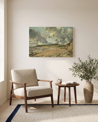 Weymouth Bay by John Constable as a stretched canvas above a linen lounge chair in a reading corner