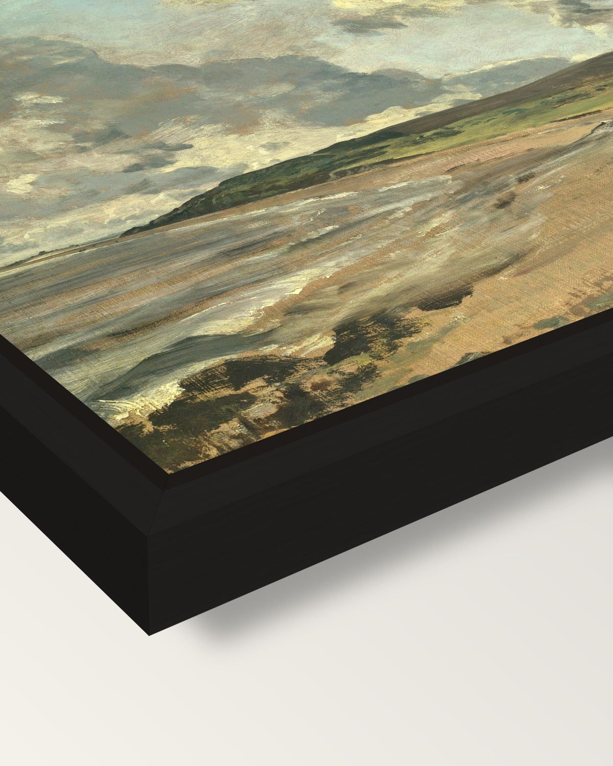Weymouth Bay by John Constable framed canvas, corner close-up: a black floating frame with a shadow gap round the canvas