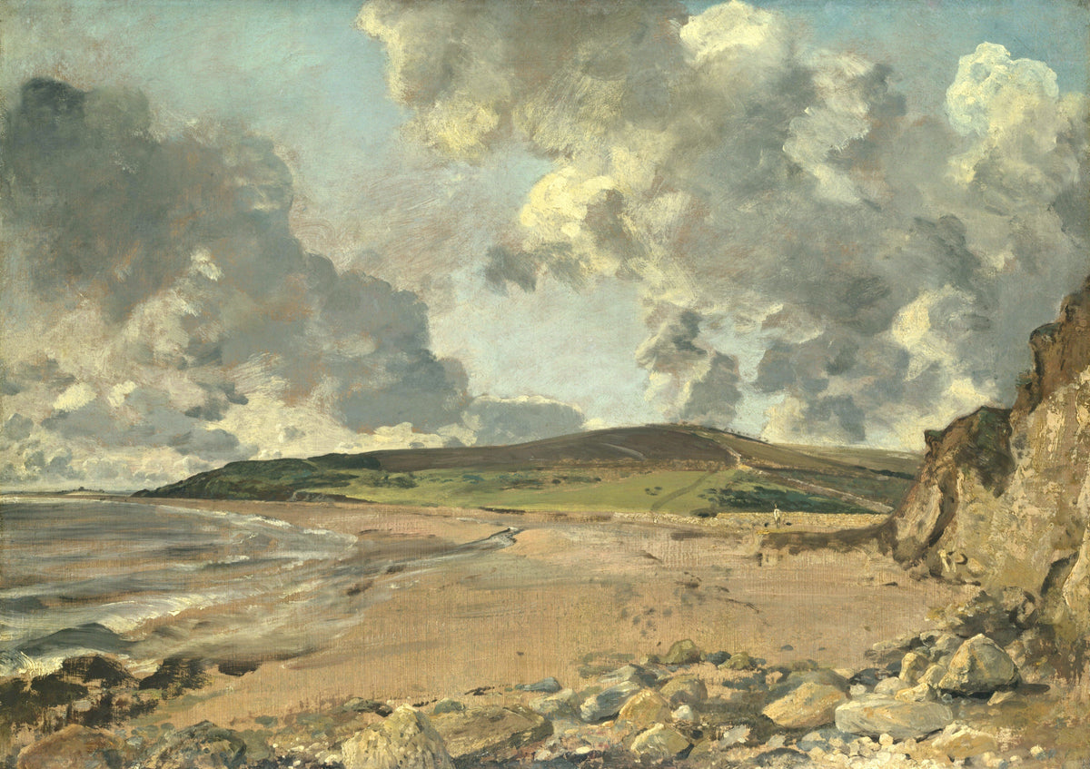 Weymouth Bay by Constable: a wide empty beach curving to a green hill under big grey and white clouds, a cliff at right