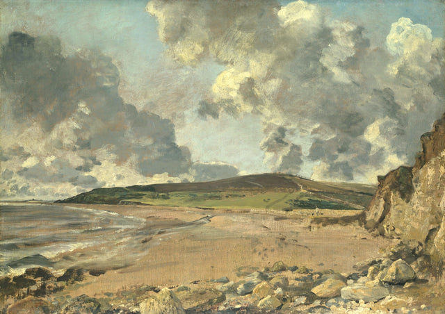Weymouth Bay by Constable: a wide empty beach curving to a green hill under big grey and white clouds, a cliff at right