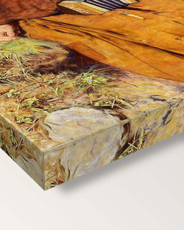 The Blind Girl by John Everett Millais on stretched canvas, corner close-up: the painting mirror-wrapped round the sides