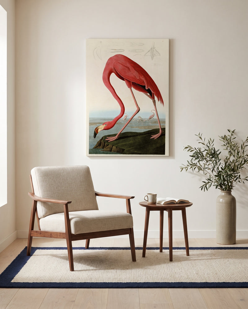 American Flamingo by John James Audubon as a stretched canvas above a linen lounge chair in a reading corner