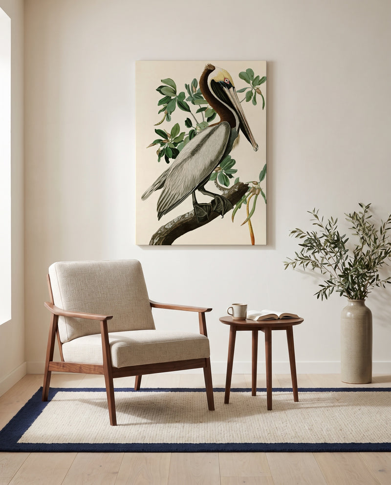 Brown Pelican by John James Audubon as a stretched canvas above a linen lounge chair in a reading corner