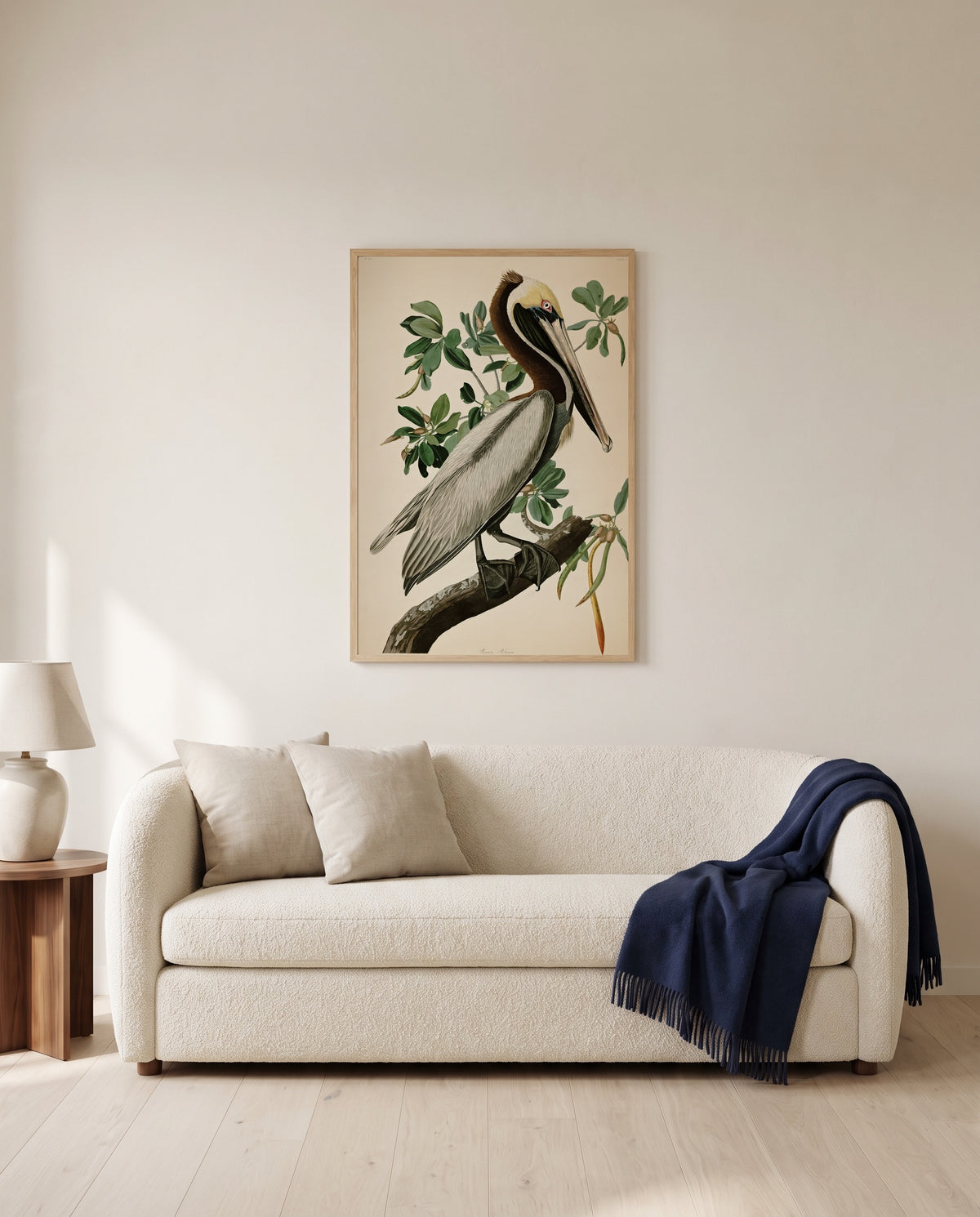 Brown Pelican by John James Audubon framed in natural oak above a cream sofa in a warm living room