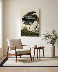 Great Blue Heron by John James Audubon as a stretched canvas above a linen lounge chair in a reading corner