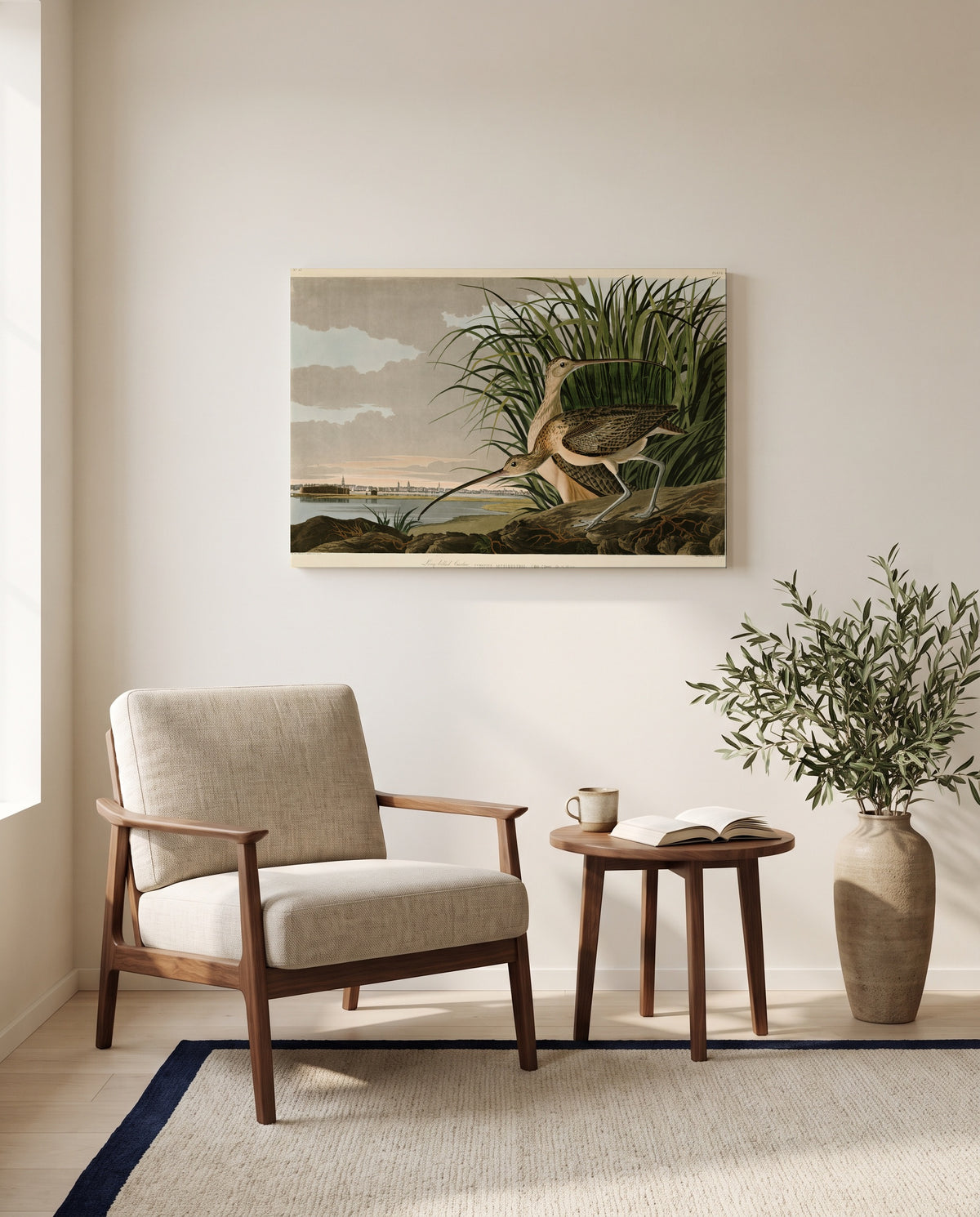 Long-billed Curlew by John James Audubon as a stretched canvas above a linen lounge chair in a reading corner