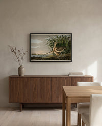 Long-billed Curlew by John James Audubon in a black frame above a walnut sideboard in a dining room