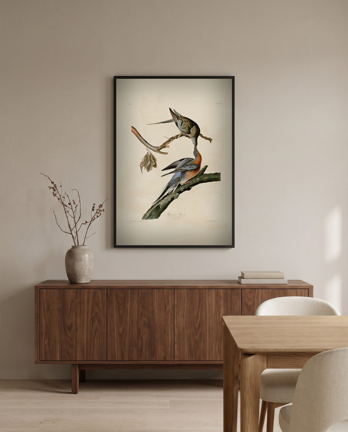 Passenger Pigeon by John James Audubon in a black frame above a walnut sideboard in a dining room