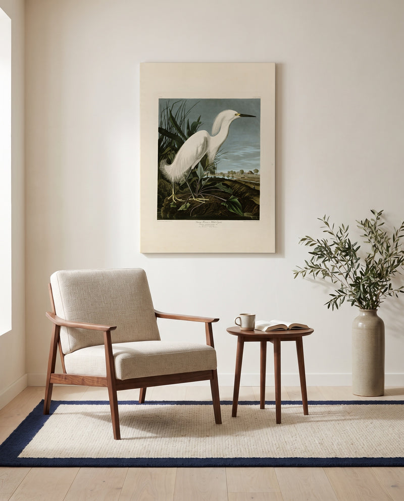 Snowy Heron by John James Audubon as a stretched canvas above a linen lounge chair in a reading corner