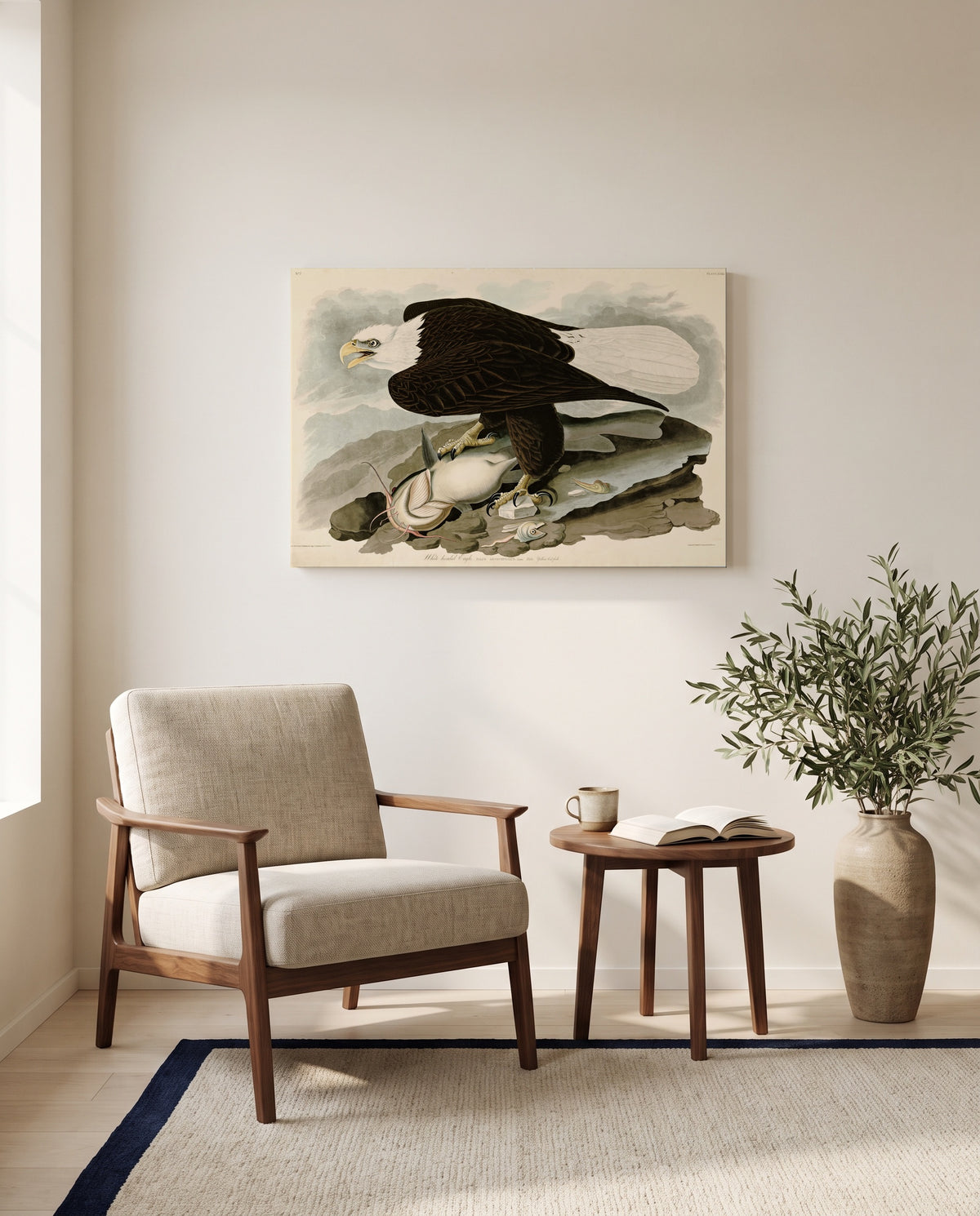 White-headed Eagle by John James Audubon as a stretched canvas above a linen lounge chair in a reading corner