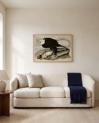 White-headed Eagle by John James Audubon framed in natural oak above a cream sofa in a warm living room
