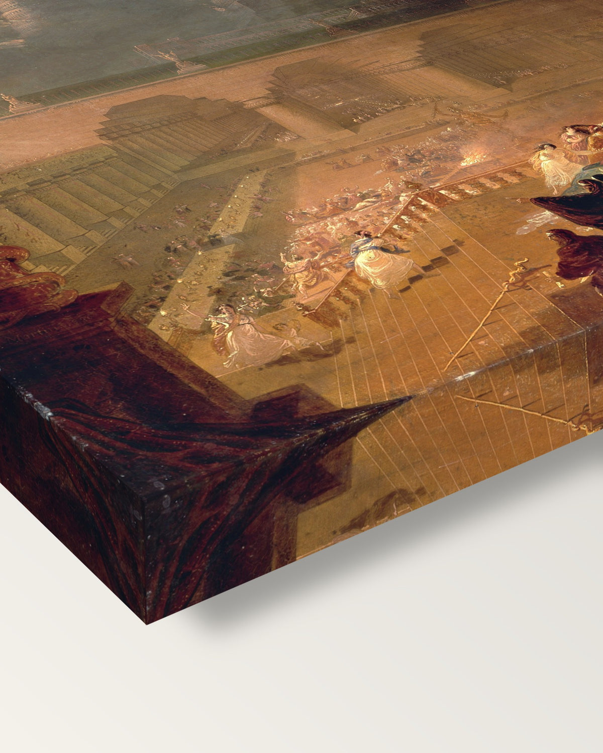 Belshazzar’s Feast by John Martin on stretched canvas, corner close-up: the painting mirror-wrapped round the sides