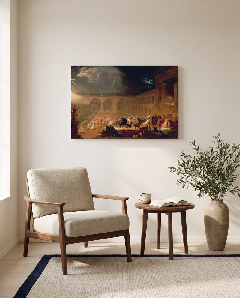 Belshazzar’s Feast by John Martin as a stretched canvas above a linen lounge chair in a reading corner
