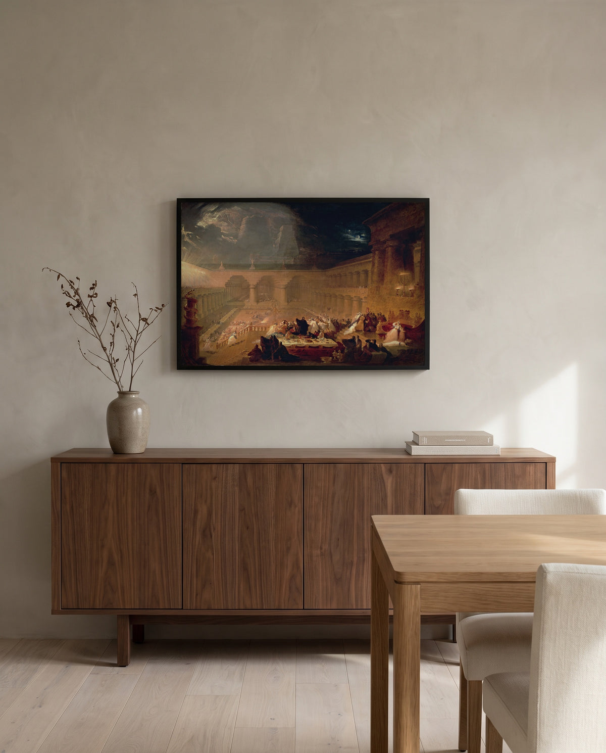 Belshazzar’s Feast by John Martin in a black frame above a walnut sideboard in a dining room