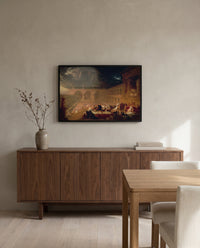 Belshazzar’s Feast by John Martin in a black frame above a walnut sideboard in a dining room