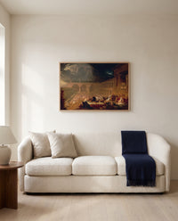 Belshazzar’s Feast by John Martin framed in natural oak above a cream sofa in a warm living room