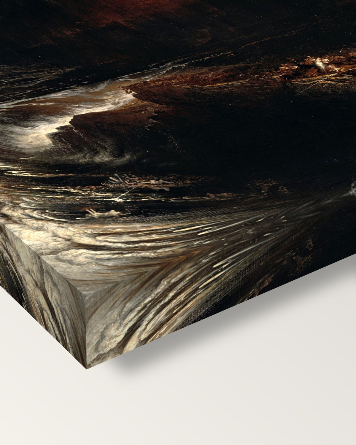 The Deluge by John Martin on stretched canvas, corner close-up: the painting mirror-wrapped round the sides