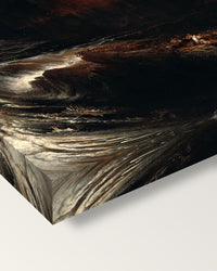 The Deluge by John Martin on stretched canvas, corner close-up: the painting mirror-wrapped round the sides