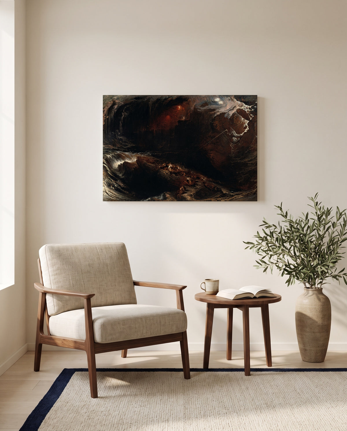 The Deluge by John Martin as a stretched canvas above a linen lounge chair in a reading corner