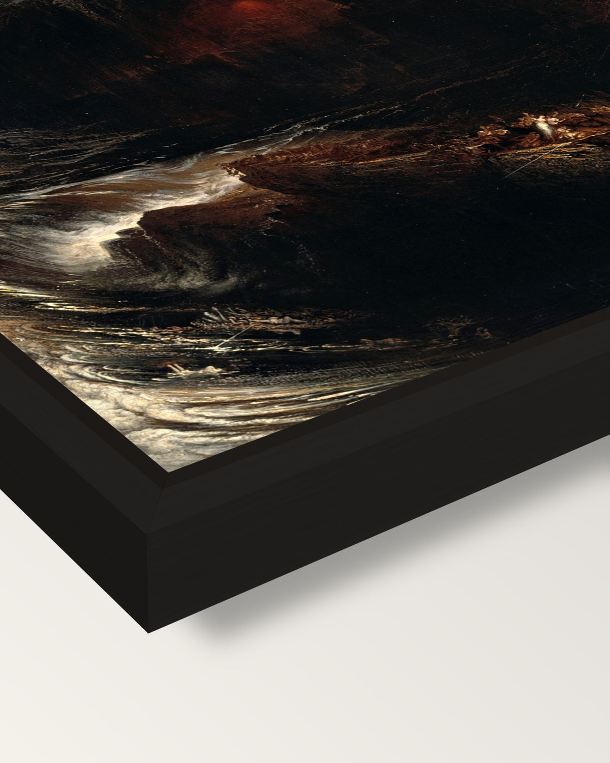 The Deluge by John Martin framed canvas, corner close-up: a black floating frame with a shadow gap round the canvas
