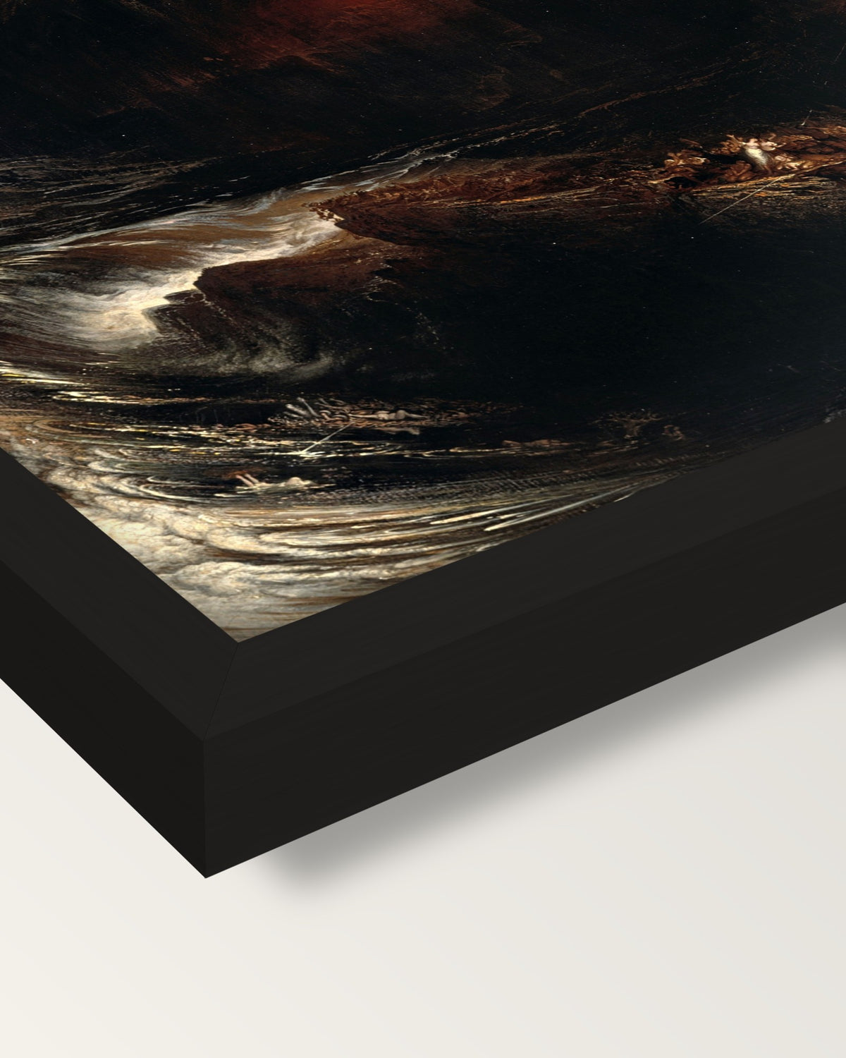The Deluge by John Martin framed print, corner close-up: black moulding, mitred, the print set just below its edge