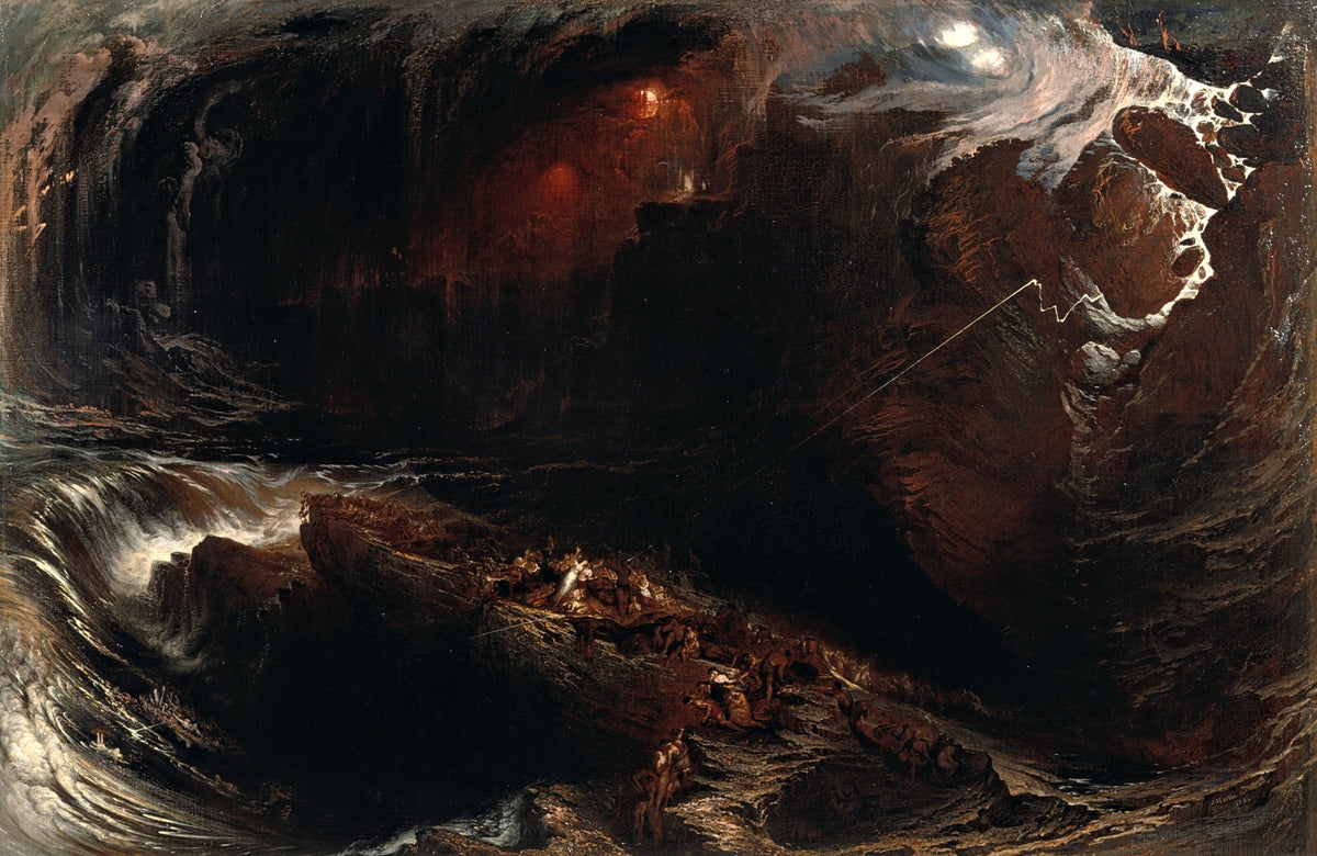 The Deluge by John Martin: a dark storm over towering waves and rocks, a faint light breaking through black clouds