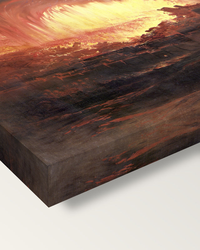 Sodom and Gomorrah by John Martin on stretched canvas, corner close-up: the painting mirror-wrapped round the sides