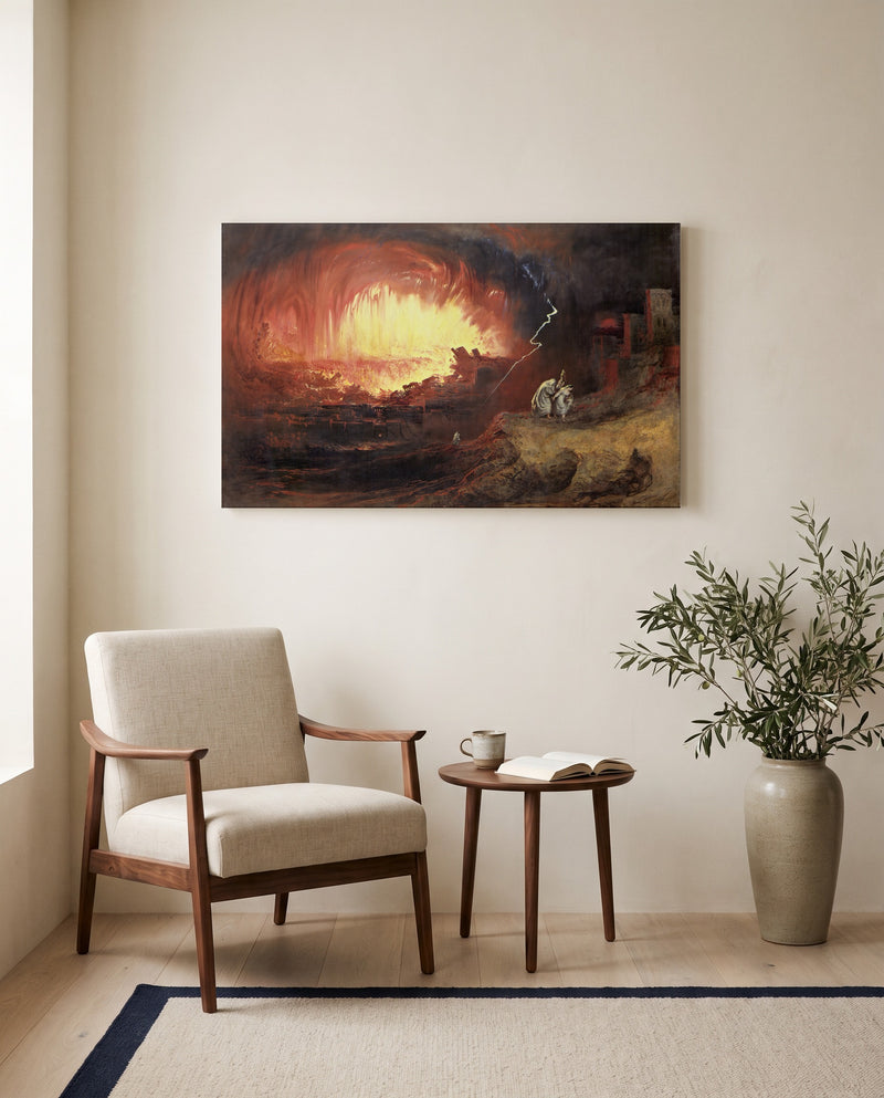 Sodom and Gomorrah by John Martin as a stretched canvas above a linen lounge chair in a reading corner