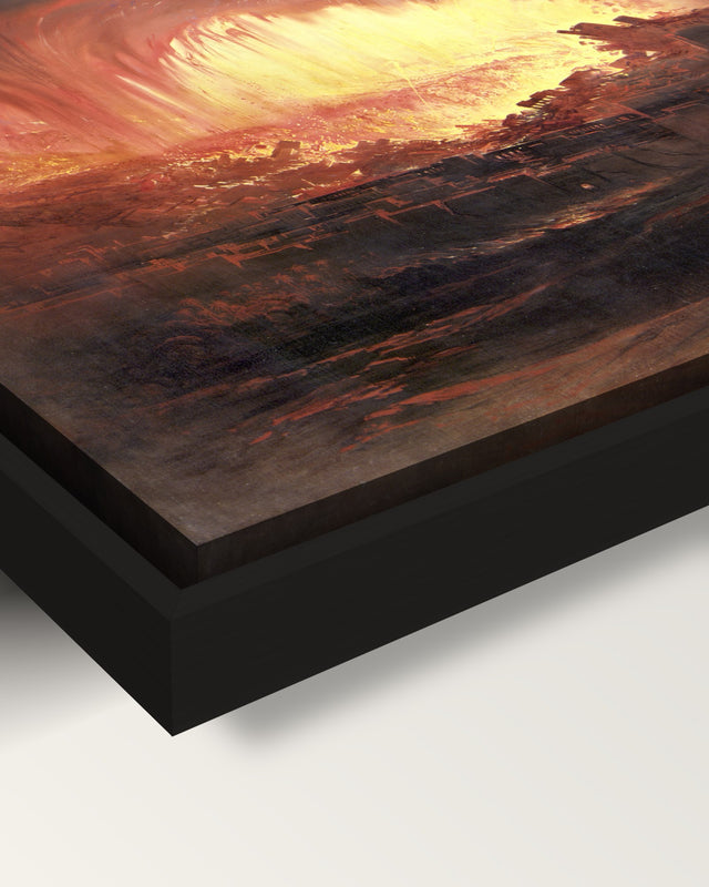 Sodom and Gomorrah by John Martin framed canvas, corner close-up: a black floating frame with a shadow gap round the canvas