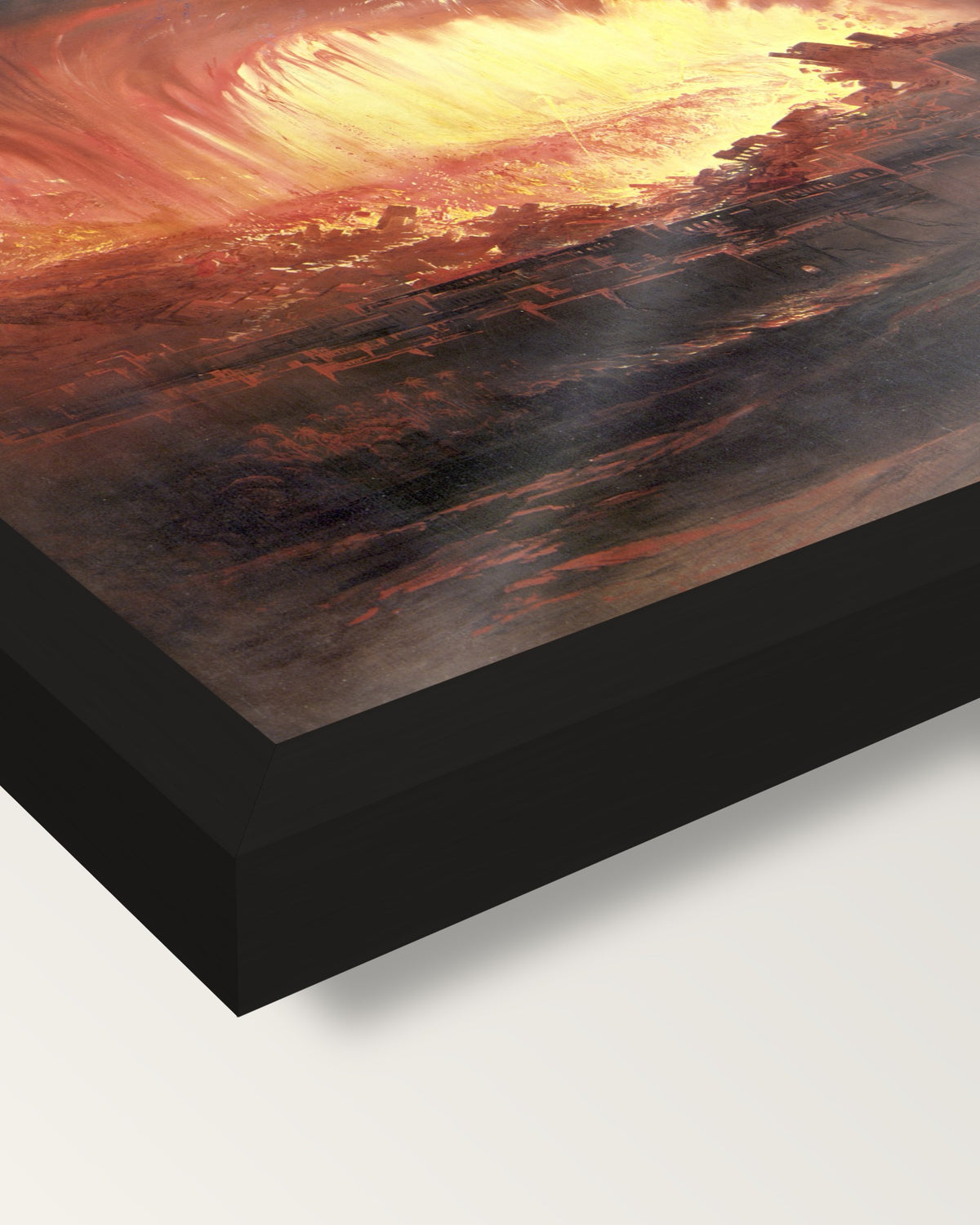 Sodom and Gomorrah by John Martin framed print, corner close-up: black moulding, mitred, the print set just below its edge