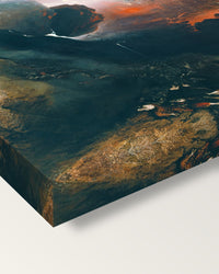 The Great Day of His Wrath by John Martin on stretched canvas, corner close-up: the painting mirror-wrapped round the sides