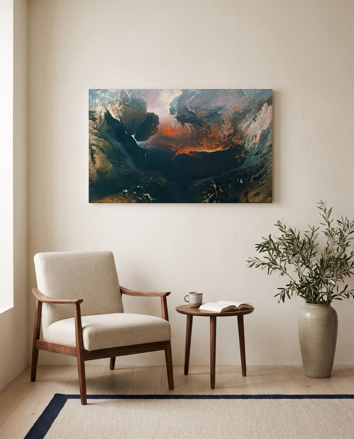 The Great Day of His Wrath by John Martin as a stretched canvas above a linen lounge chair in a reading corner