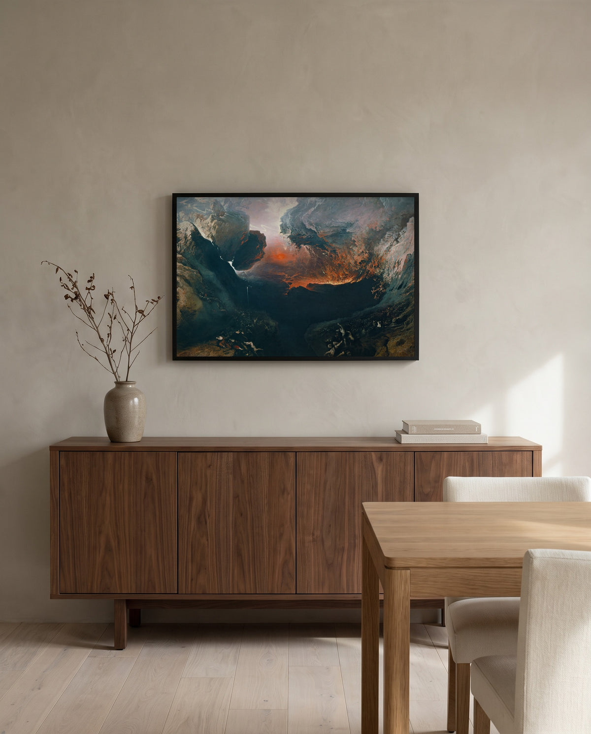 The Great Day of His Wrath by John Martin in a black frame in a dining room