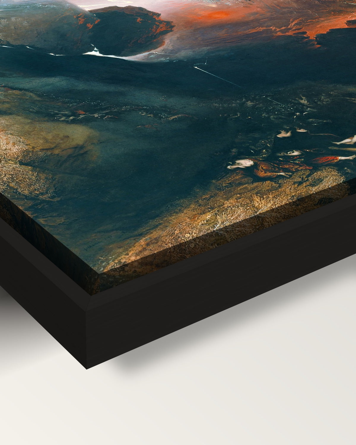 The Great Day of His Wrath framed canvas, corner close-up: a black floating frame with a shadow gap round the canvas