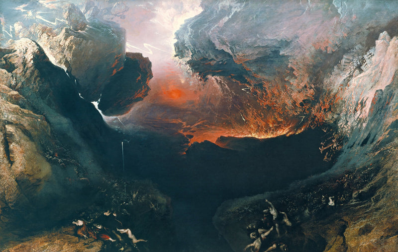 The Great Day of His Wrath by John Martin: mountains and a city crashing into a fiery chasm under storm clouds