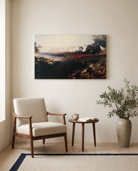 The Last Judgement by John Martin as a stretched canvas above a linen lounge chair in a reading corner