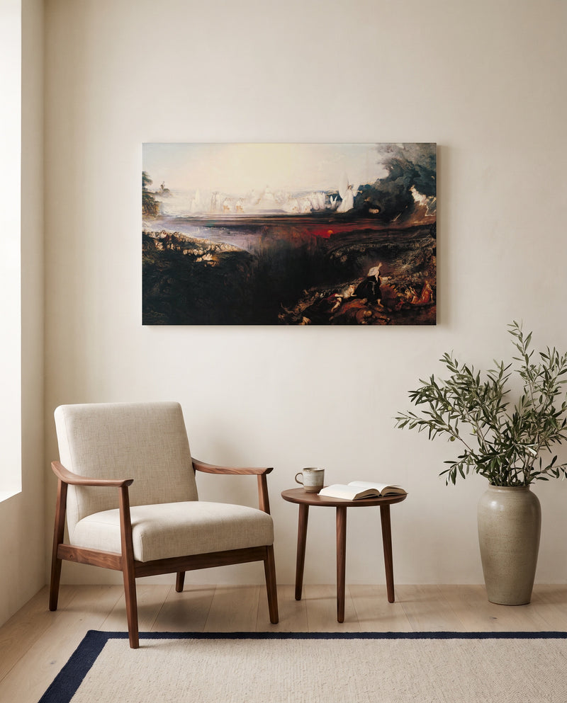 The Last Judgement by John Martin as a stretched canvas above a linen lounge chair in a reading corner