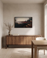 The Last Judgement by John Martin in a black frame above a walnut sideboard in a dining room