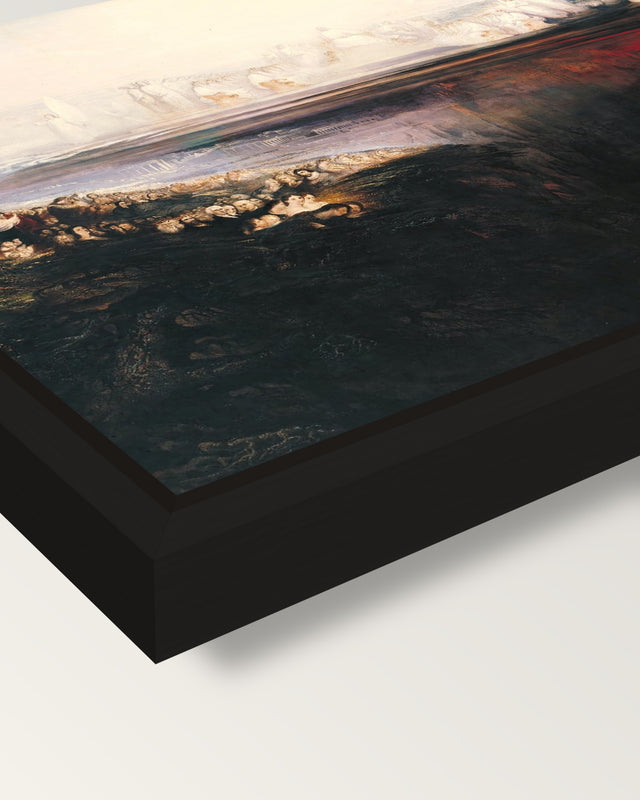 The Last Judgement by John Martin framed canvas, corner close-up: a black floating frame with a shadow gap round the canvas