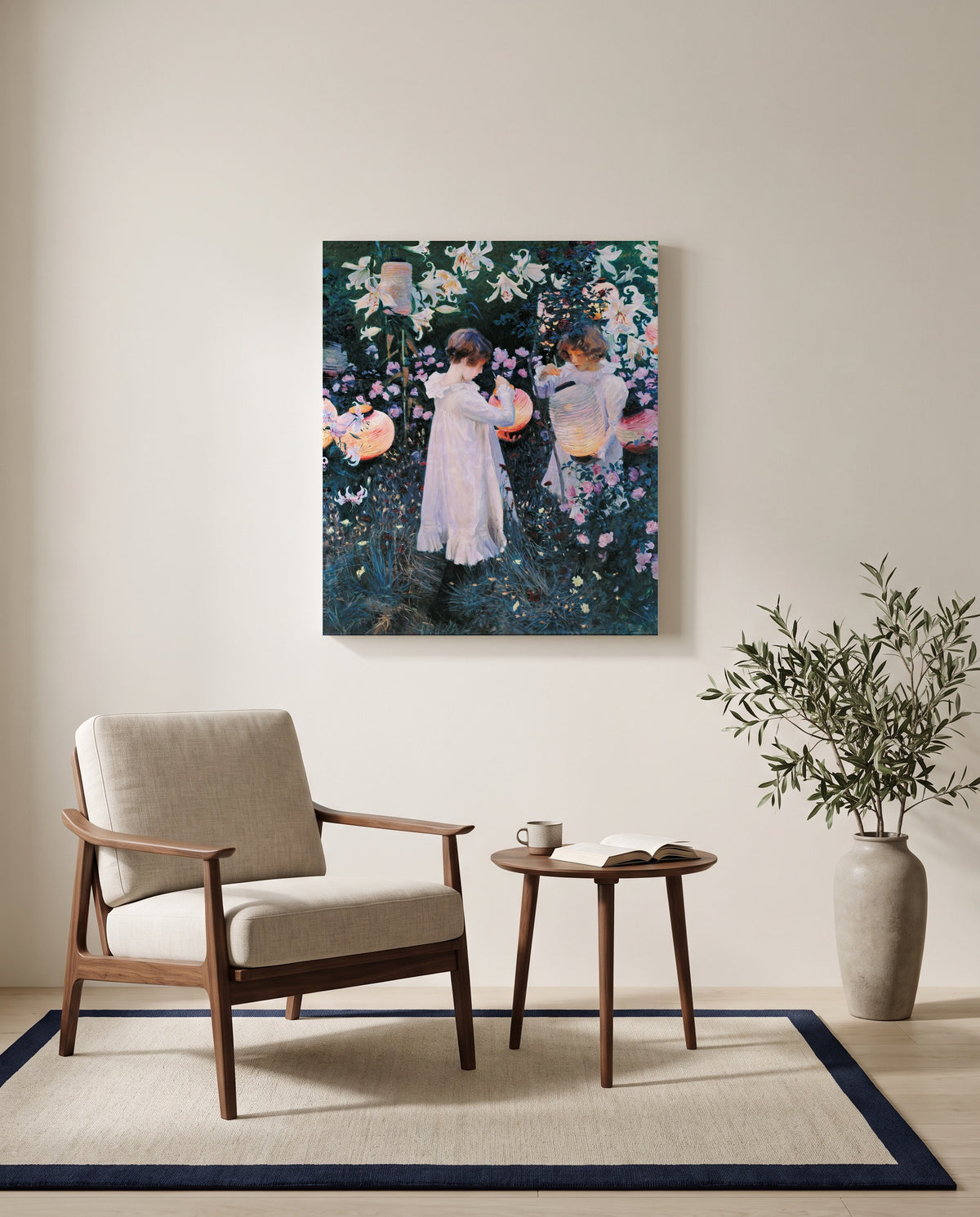 Carnation, Lily, Lily, Rose by John Singer Sargent as a stretched canvas above a linen lounge chair in a reading corner