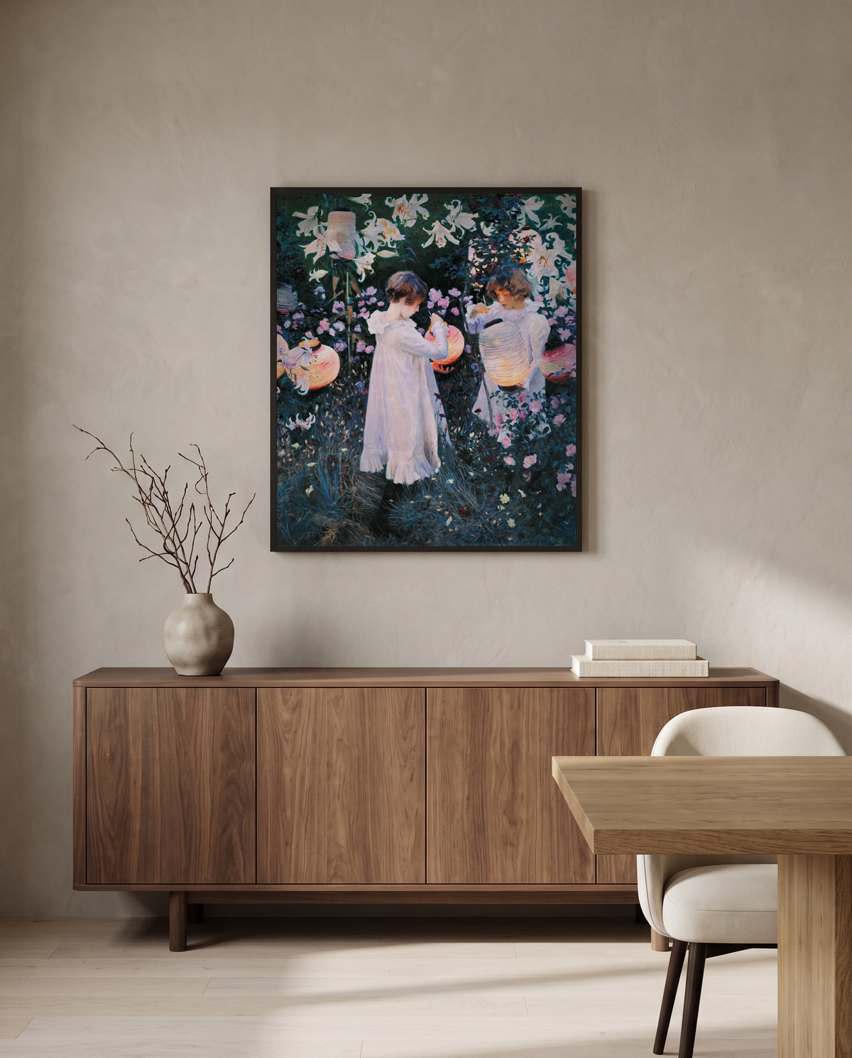 Carnation, Lily, Lily, Rose by John Singer Sargent in a black frame above a walnut sideboard in a dining room