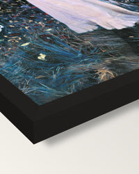 Carnation, Lily, Lily, Rose framed print, corner close-up: black moulding, mitred, the print set just below its edge