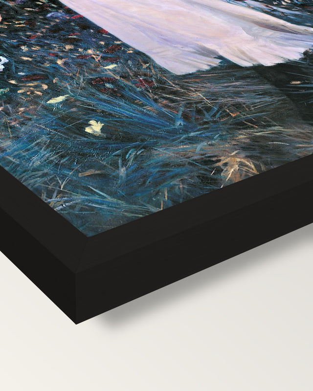 Carnation, Lily, Lily, Rose framed print, corner close-up: black moulding, mitred, the print set just below its edge