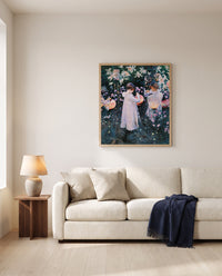 Carnation, Lily, Lily, Rose by John Singer Sargent framed in natural oak above a cream sofa in a warm living room