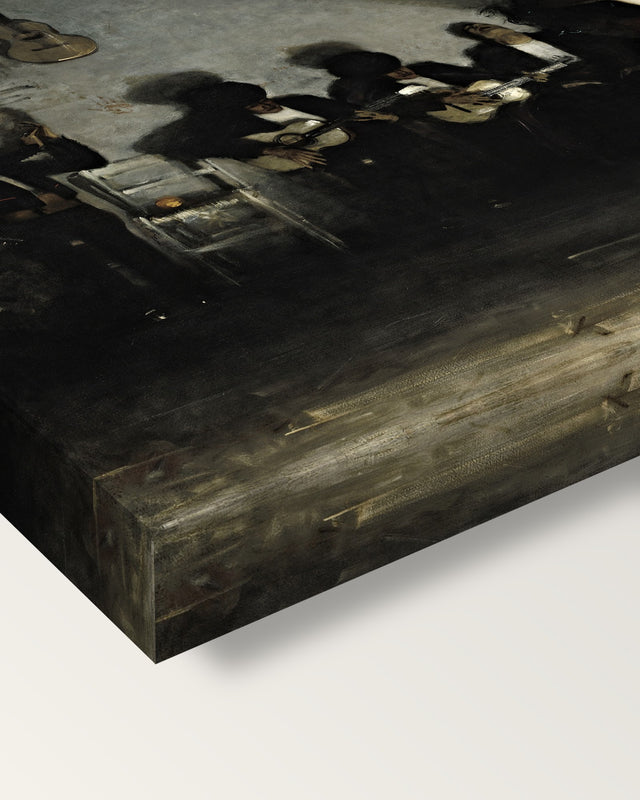 El Jaleo by John Singer Sargent on stretched canvas, corner close-up: the painting mirror-wrapped round the sides